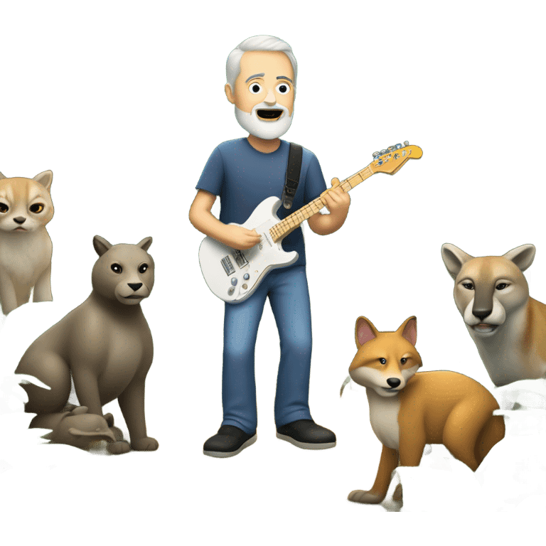 60 year old white man with a goatee playing electric guitar in a forest with animals watching emoji