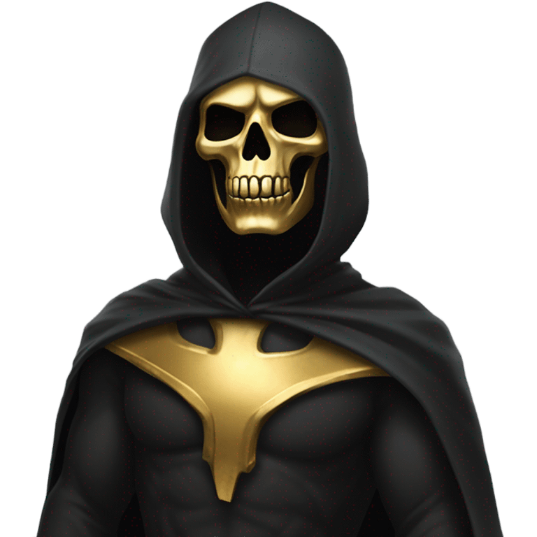 Bounty Hunter Boss with black cape and a gold skull jaw mask from death Stranding, full body view emoji