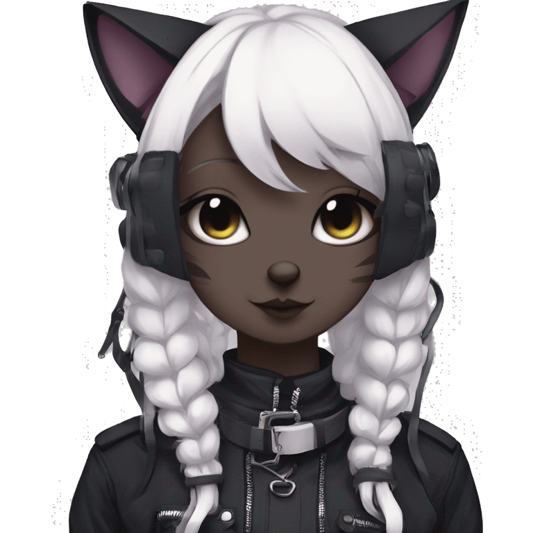 Gorgeous gothic dark techwear anime style anthro cat with blushing face aesthetic and pretty edgy black with collar and harness trending style emoji