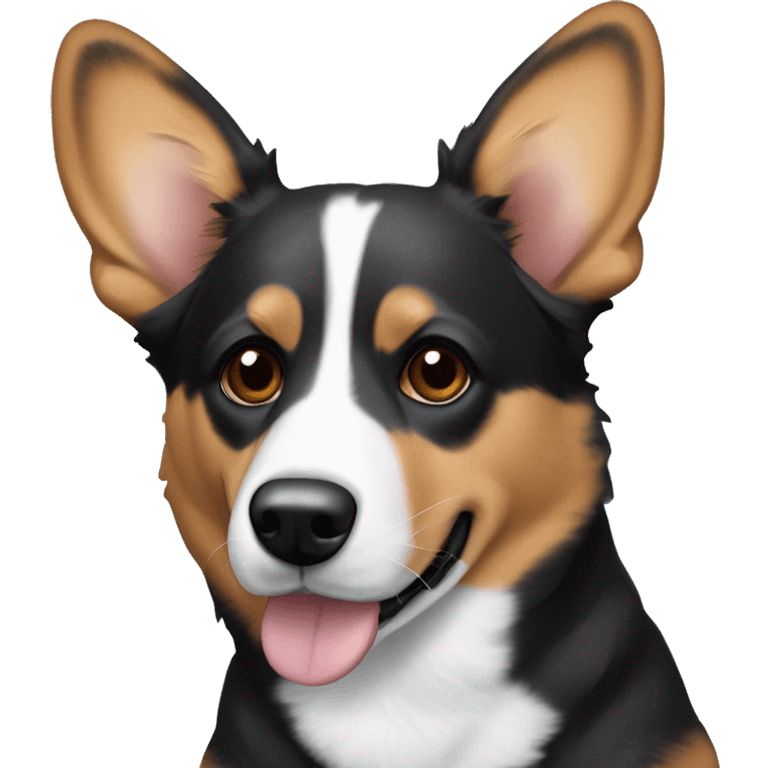 A dog, mix of corgi and blue heeler, colors are black with black and white on paws and little dots on paws, white streak along the nose, brown inside of the ears emoji