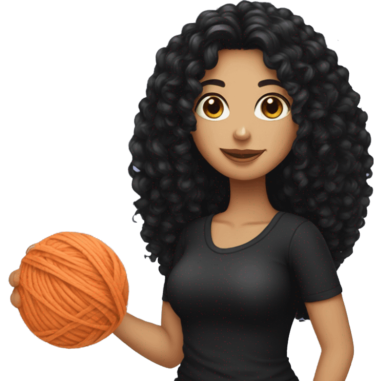 woman with long black curly hair holding one ball of yarn wearing black clothes emoji