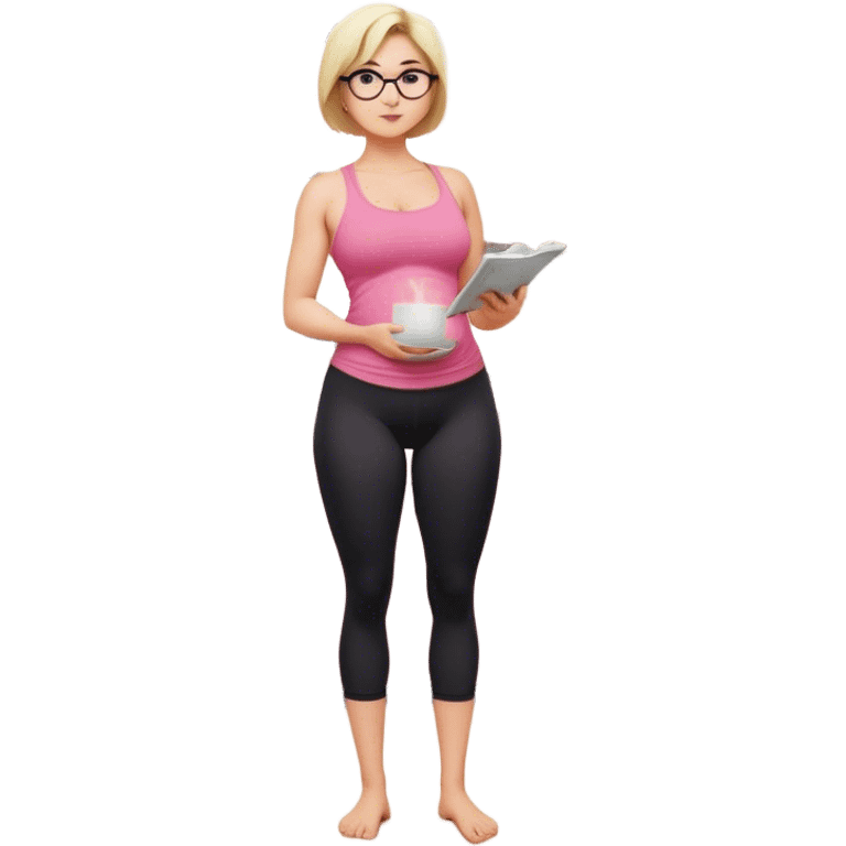 Full body view from the side, fair skinned woman, curvy, short blond hair, small reading glasses, cooking dinner in kitchen, pink loose tank top, showing natural B cup breast shape SFW, black yoga pants, large curvy booty emoji