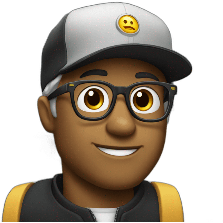 train with face wearing black baseball cap and thick glasses emoji