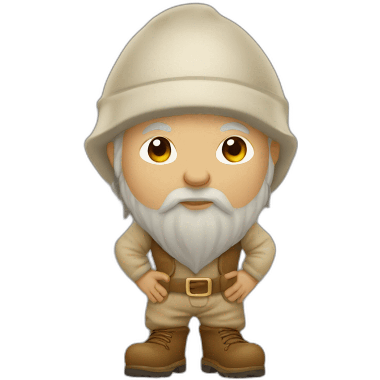 side view of gnome with light tan pants and light tan boots squatting in front of small dirt pile emoji