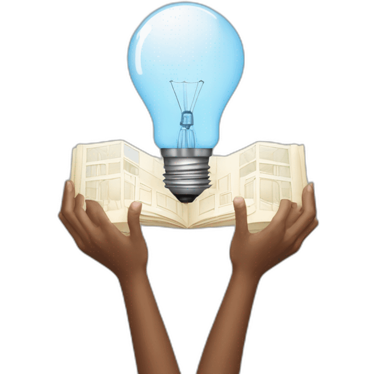 hands holding an architectural plan and a light bulb above emoji