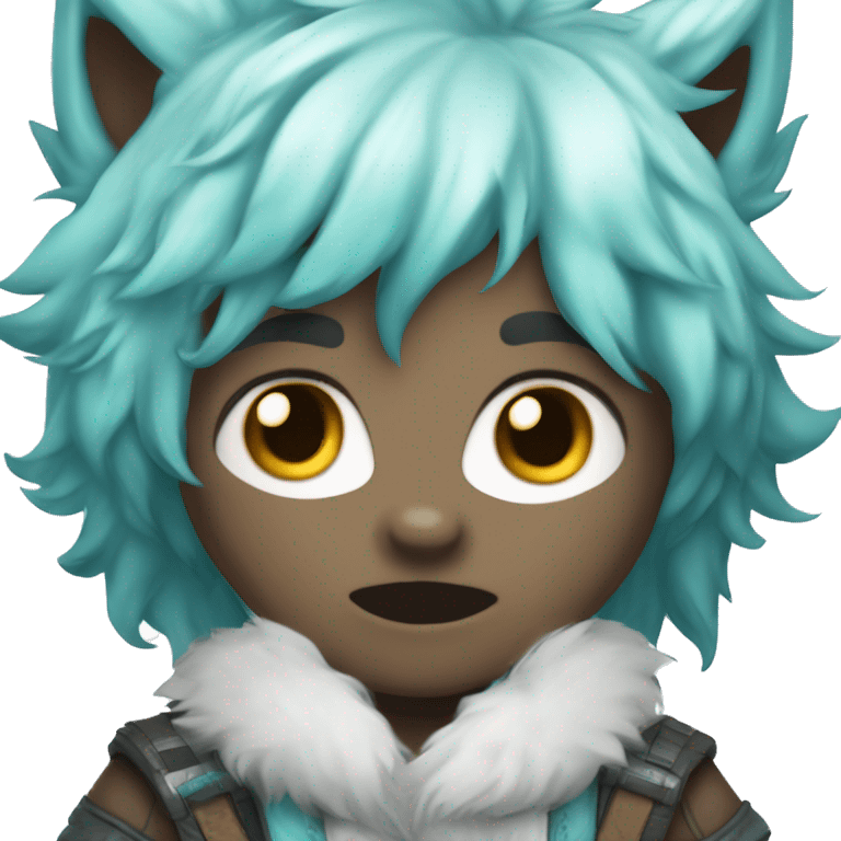 chibi white skin cyan hair boy with wolf ears happy with the thongue out emoji