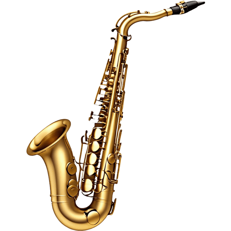 Create a sleek and sophisticated emoji representing the Selmer Super Action 80 Series II saxophone. The design should feature the smooth, golden brass body of the saxophone with its shiny keys and beautiful curves. Highlight the iconic bell of the saxophone and the fine details of the keywork, including the pads and springs. Include the mouthpiece at the top with a reed visible, capturing its essential role in sound production. Use rich gold and brass tones for the instrument with subtle light reflections to enhance its professional appearance. Add musical notes floating around the saxophone to evoke its smooth, jazzy sound. The background should be transparent. emoji