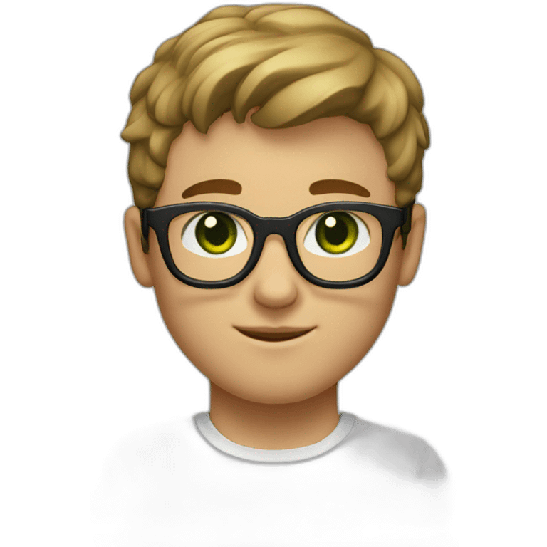 a boy with light brown hair, short on the sides and a little longer on top, round black glasses, a short beard. green eyes and hump on the nose. emoji