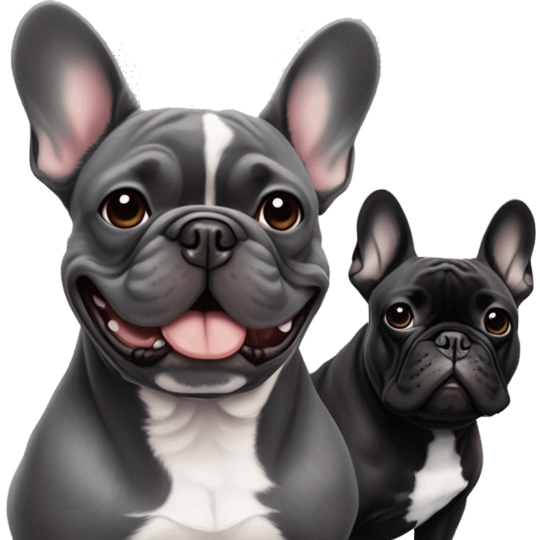 dark gray french bulldog happy alongside a black brindle French bulldog, best friends emoji