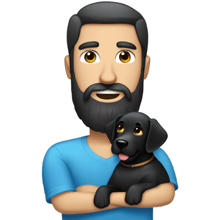 man black hair blue eyes beard and mustache holding black Labrador  emoji