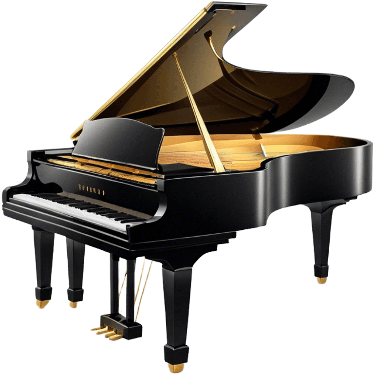 Cinematic Realistic Piano, glossy black grand piano with elegantly curved edges, pristine white and black keys, soft golden light reflecting off its polished surface, faint reflections of a musician’s hands, glowing with refined elegance and musical depth. emoji