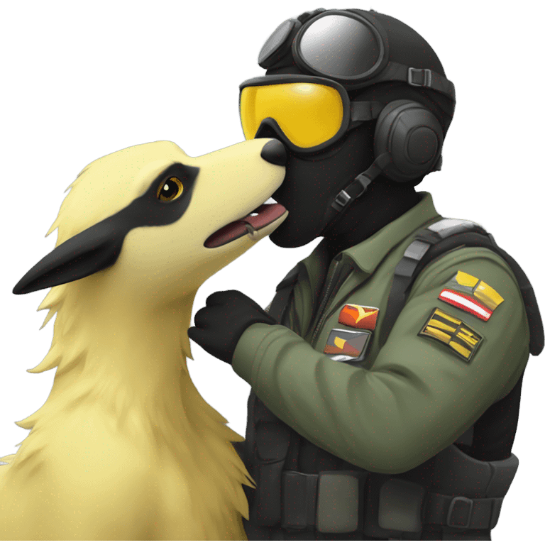 Yellow army Pilot with black mask googles, and then a big sergal kissing him emoji