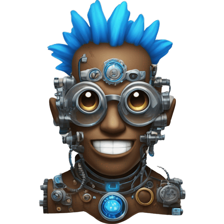 Brown cyborg head with blue Mohawk, blue beard, silver steampunk monocle goggles a smile and circuits emoji