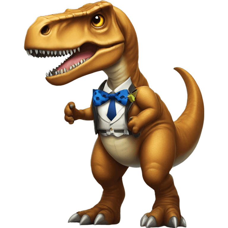 A giant T. rex dawning tactical gear and a bow tie emoji