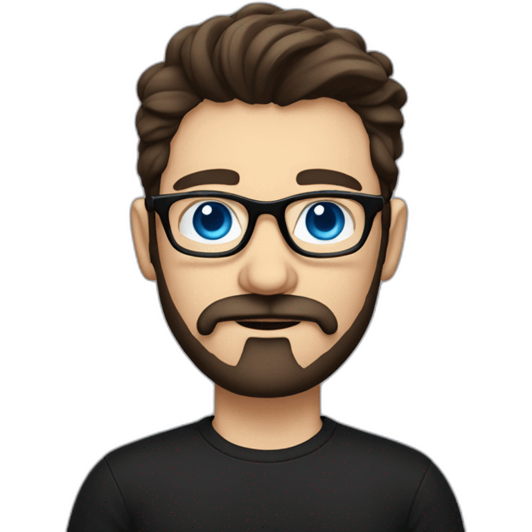 White man with blue eyes and dark brown hair, styled sideways backwards. He has a beard and mustache trimmed and wears a black t-shirt and vintage glasses. emoji