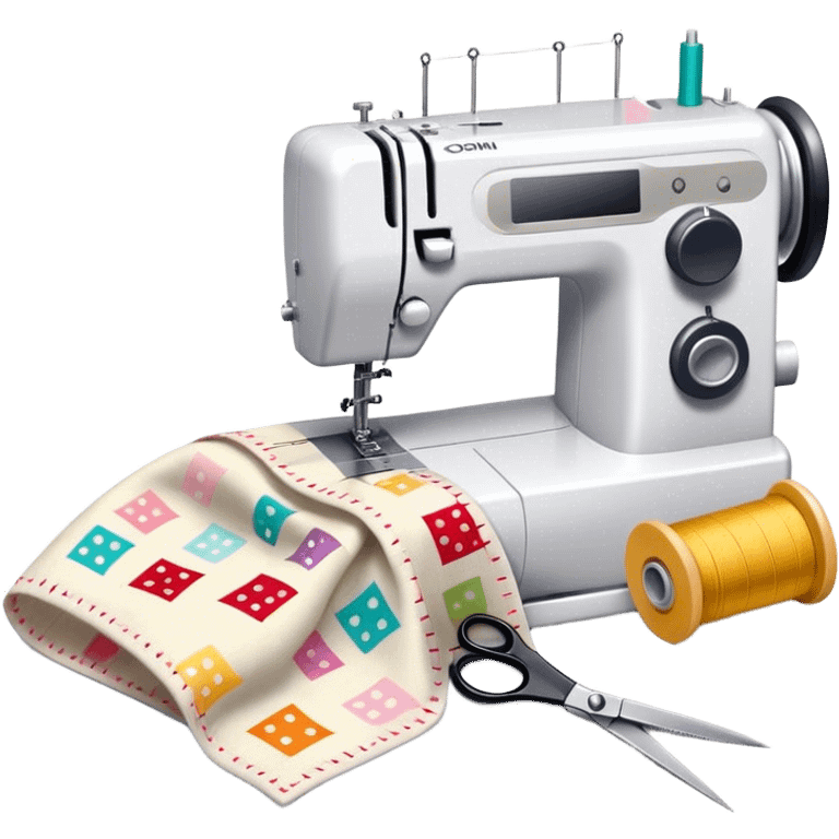 Sewing icon, measuring tape, pins, scissors, and a dress in progress, sewing machine with thread, visible needle, spools of thread, fabric pieces cut according to patterns, minimalistic style, clean lines, transparent background. emoji