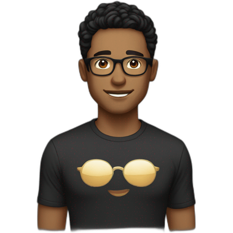 Light Brown guy, black wavy hair, no facial hair, transparent round glasses, black t shirt emoji