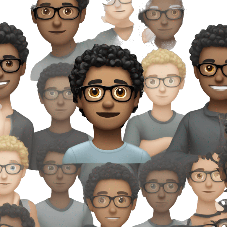 Young white man with black short curly hair and glasses. Pixart style emoji