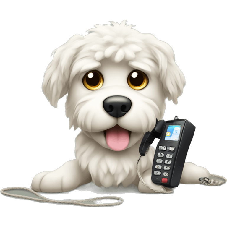 dog with corded phone. His eyebrows are raised as if to question the message he is recieving on the phone. His fur is a bit more ruffled emoji