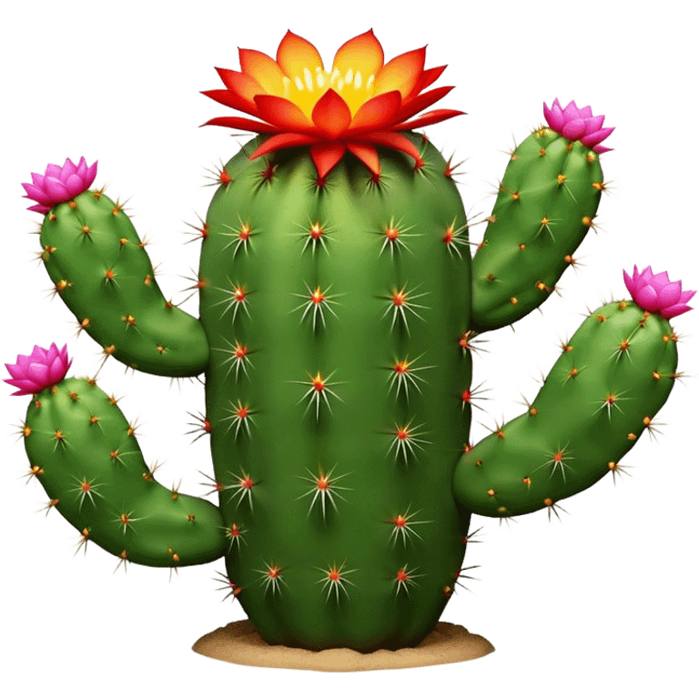 Cinematic Realistic Cactus Emoji, Tall and spiny, with thick, rounded stems covered in sharp spines. Bright flowers bloom at the tips of some branches, adding a pop of color against the desert backdrop. Soft glowing outline, capturing the essence of strength, survival, and desert beauty in a striking cactus! emoji