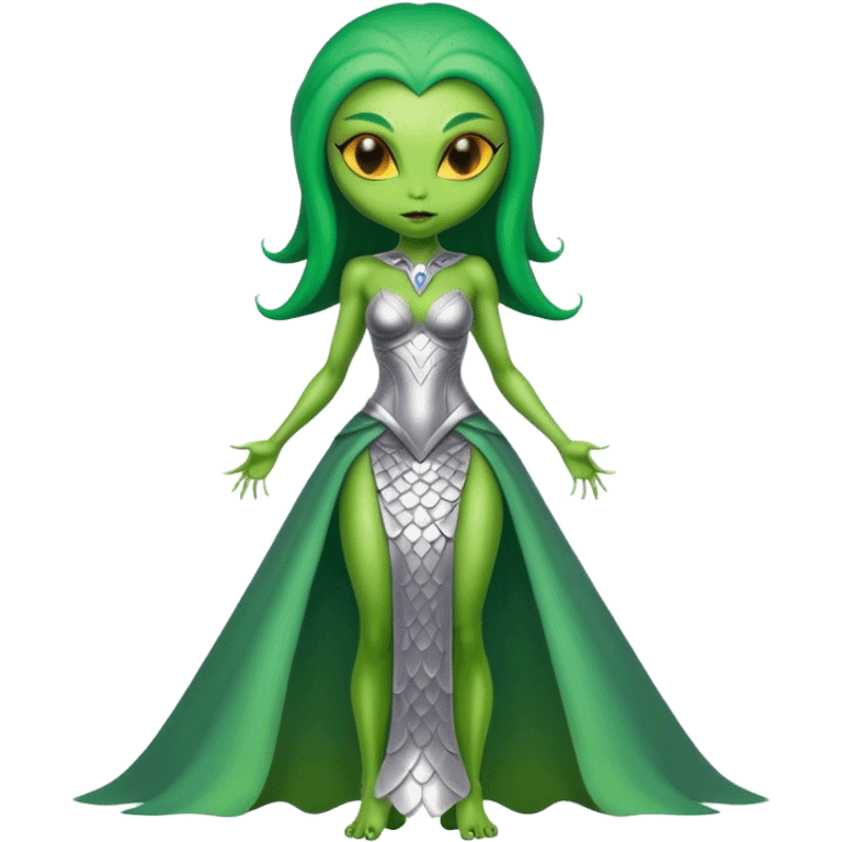 Green Alien woman with scales skin in silver dress, full figure, yellow eyes emoji