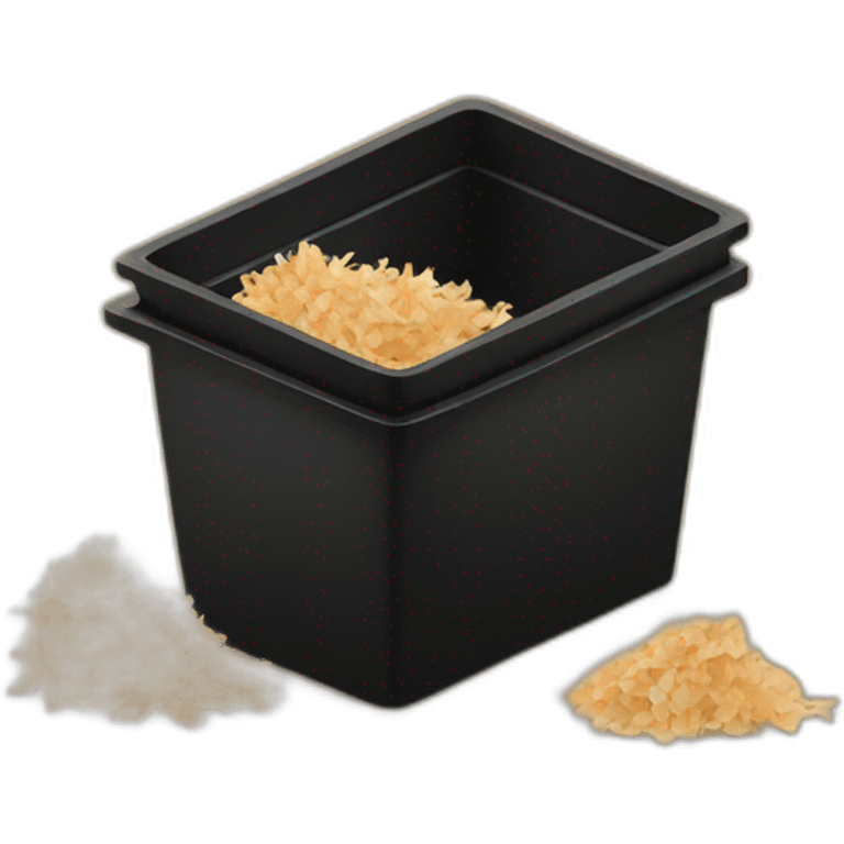 Black cubic plastic container with wood shavings inside emoji