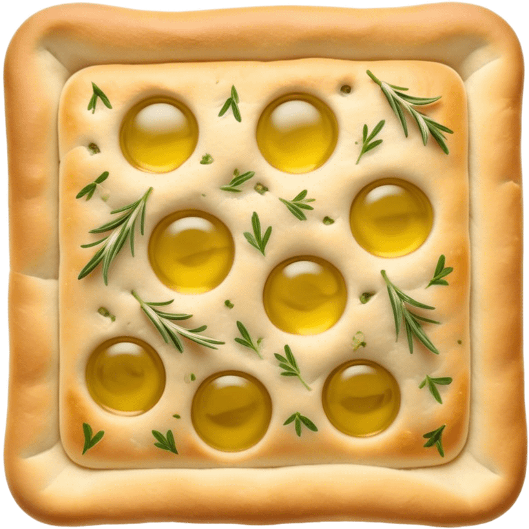 Cinematic Realistic Focaccia Bread Dish Emoji, depicted as a golden, olive oil brushed flatbread sprinkled with herbs rendered with lifelike texture and soft, appetizing lighting. emoji