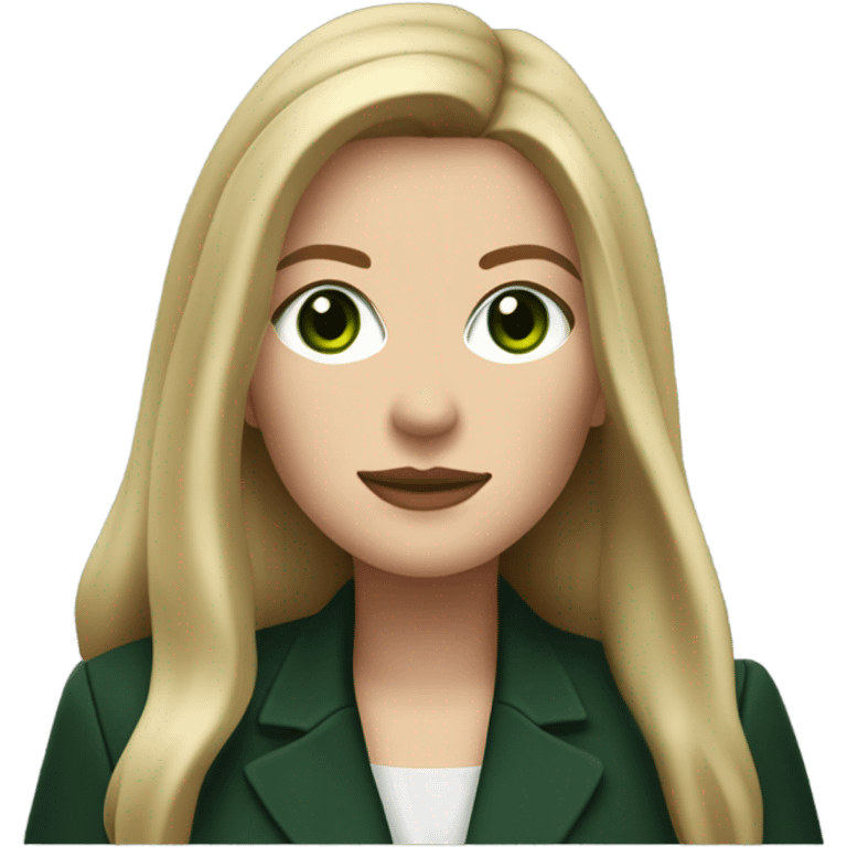 Realistic White woman with Long straight blonde hair and green eyes, dark green Wool oversize blazer, mini skirt and Brown heeled leather boots  emoji