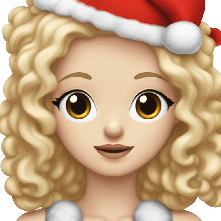 Pretty blue eyed white girl with blonde long wave hair with a santa claus hat and holding a brown toy poodle with short eras emoji