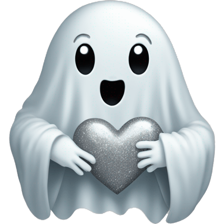 Cute ghost holding grey love heart with silver glitter all around it  emoji