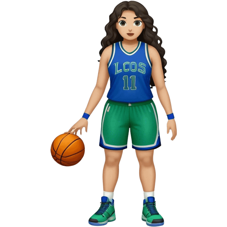 Full Body light skin Latino plus size women basketball player with long wavy dark hair  wearing blue and green uniform emoji