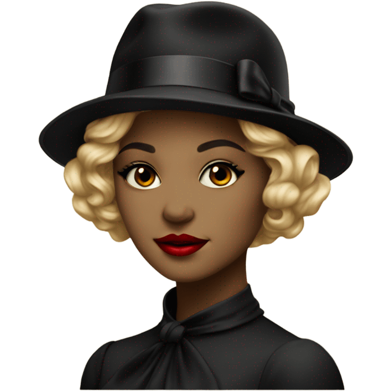 beautiful vintage girl in a hat black with red lipstick emoji