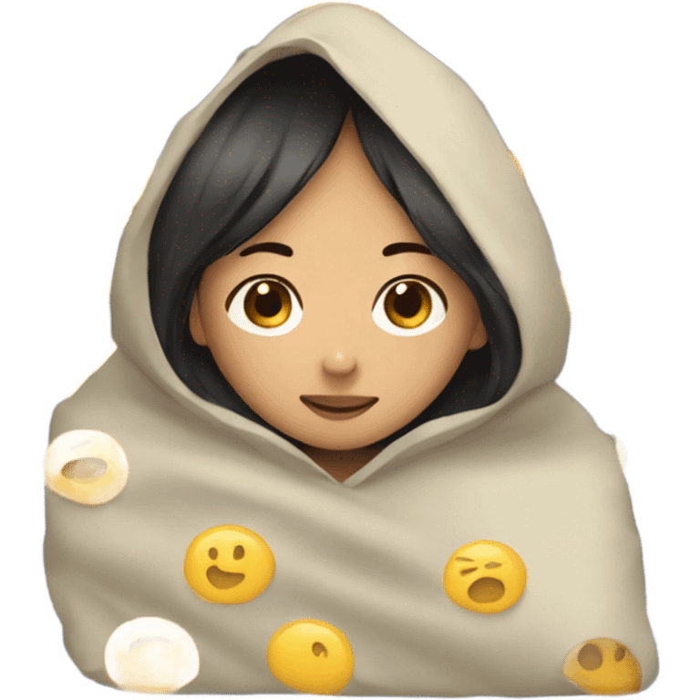 Asian girl under the blanket with her phone emoji