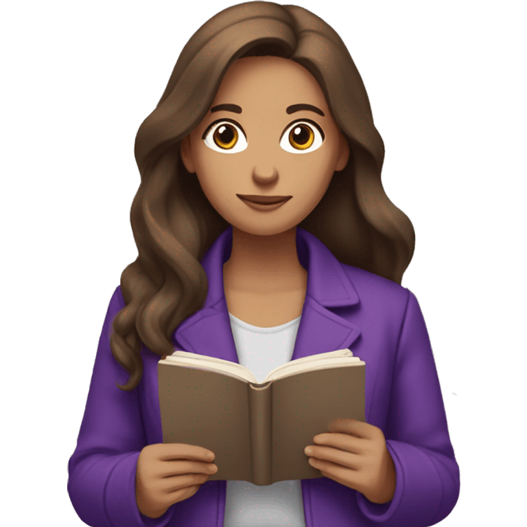 lady with brown long hair, brown eyes wearing a purple jacket reading a book emoji