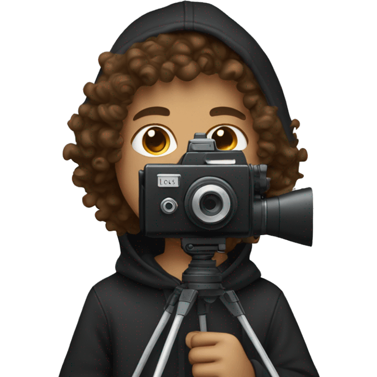 Boy with brown curly hair holding a movie camera wearing a black hoodie emoji