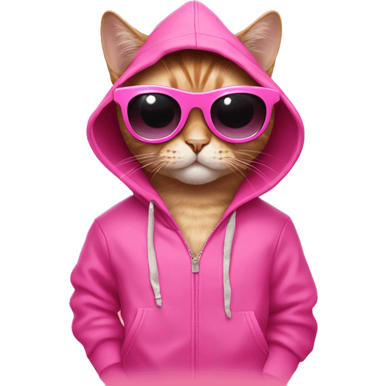 Cat wearing a pink hoodie with pink sunglasses and pink coctel emoji