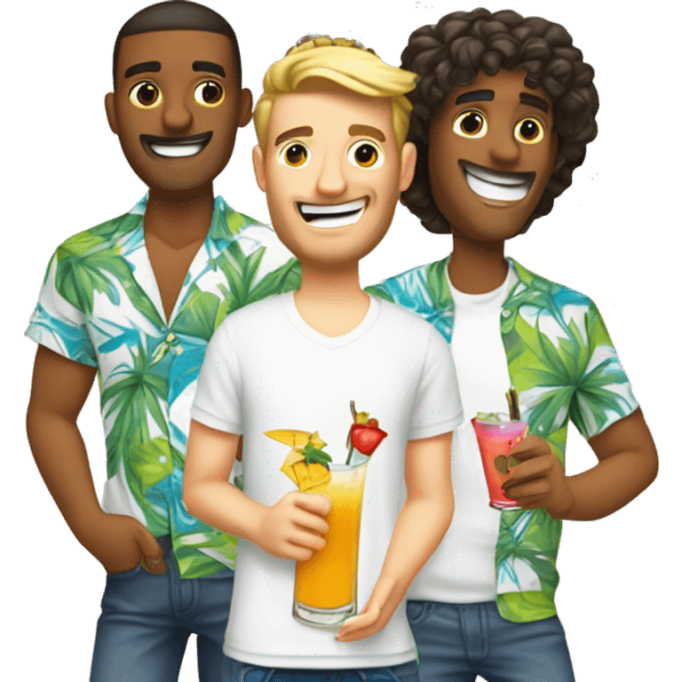 a guy in a white T-shirt, a Hawaiian shirt on top of the T-shirt, a guy holding a cocktail emoji