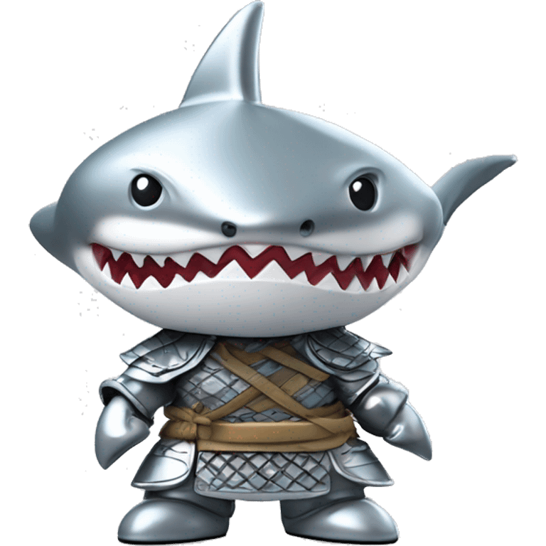 A fully silver chrome figurine of a shark in a samurai outfit, 3D style. emoji