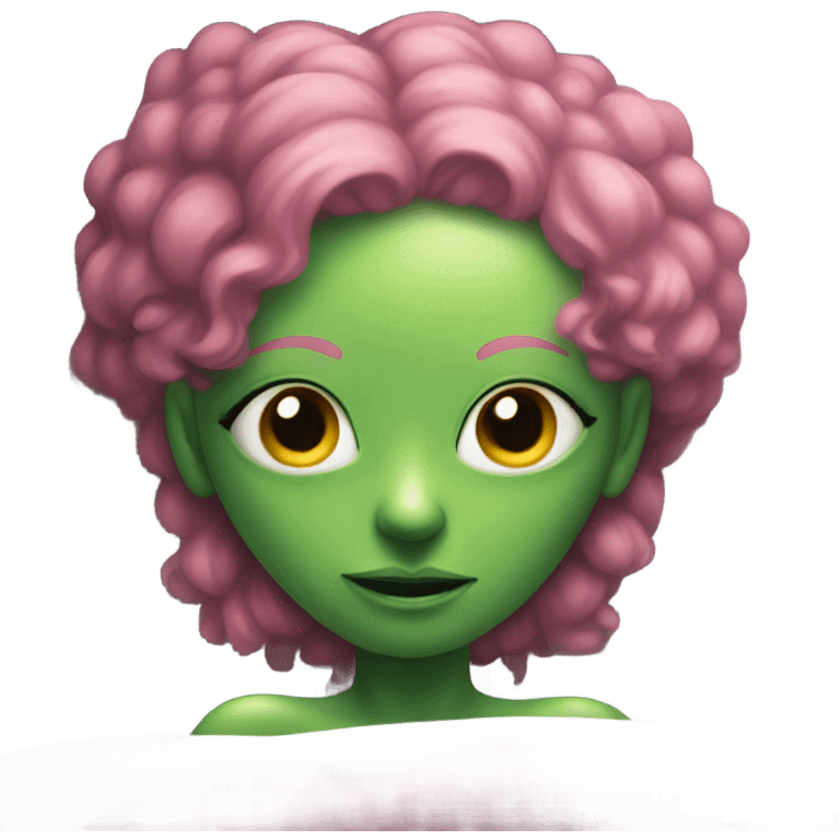 a green alien woman pink hair, laying on the bed emoji