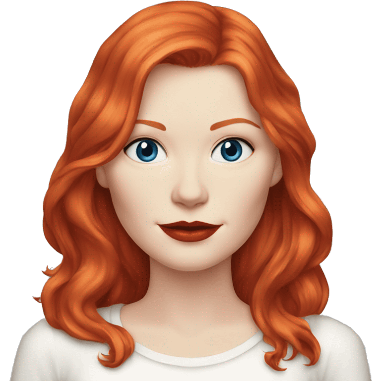 Kirsten Dunst, long red hair, blue eyes, pale skin, red lipstick, white t-shirt emoji