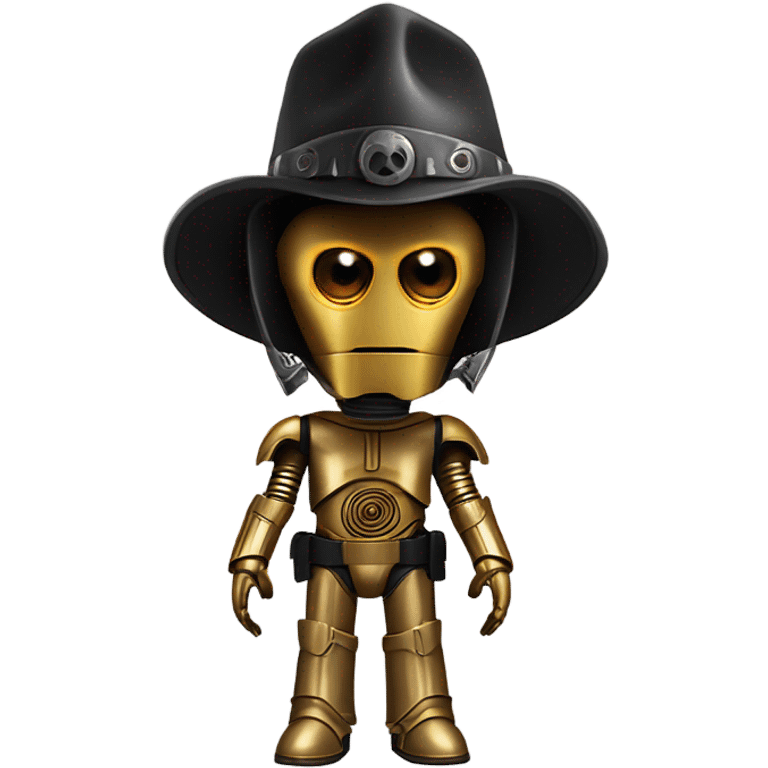 battle rough and tough bounty hunter c3Po wearing Satan’s leather outfit with guns and wide-brim hat on head. walking emoji