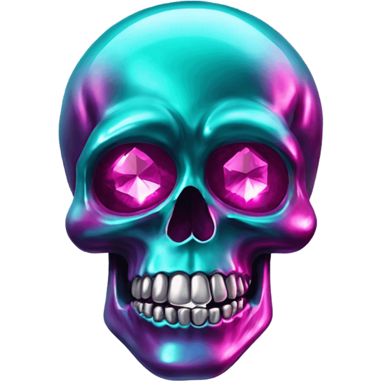 Realistic isolated shiny metallic dark turquoise skull with shiny sparkly magenta pink diamond for eyes. emoji