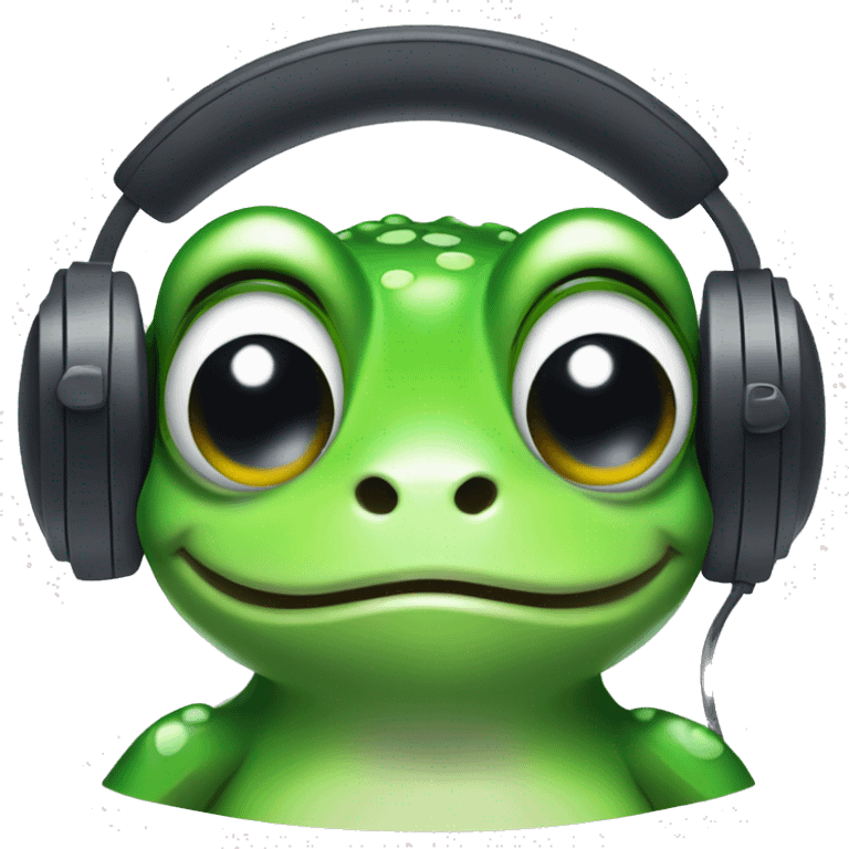 pixel green frog face with white eyes and smile with headphones on her head emoji