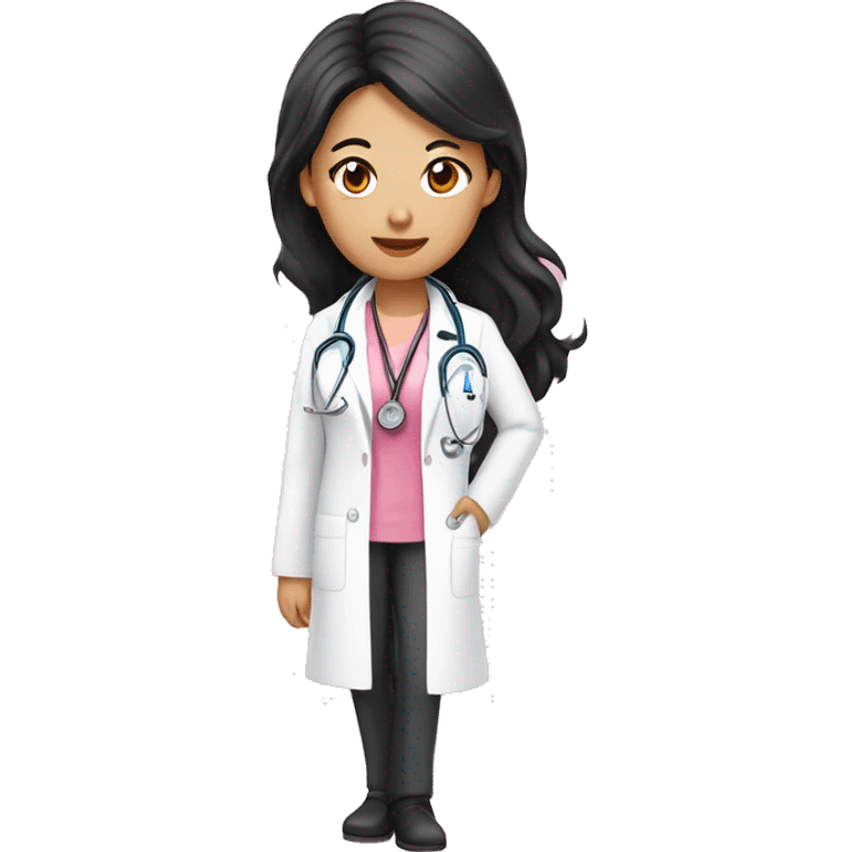 Wavy long black hair Asian female doctor in pink undershirt white coat over pink stethoscope  emoji