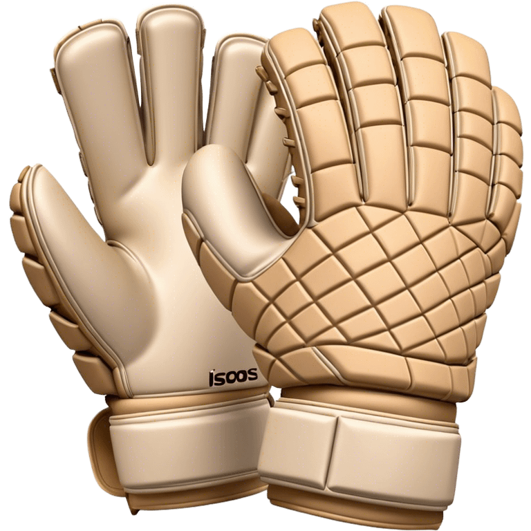 Cinematic Realistic image of goalie gloves showcasing detailed fabric textures and intricate grip patterns, rendered against a blurred goal backdrop with focused, high-contrast lighting that accentuates their essential design emoji