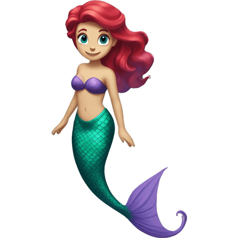 Ariel, the mermaid swimming. Her tail is green, her top is purple, and her hair is bright, red and wavy. She has pale skin and blue eyes. She is swimming. emoji