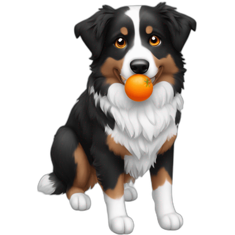 Black and white Australian shepherd with an orange carrot toy in its mouth emoji