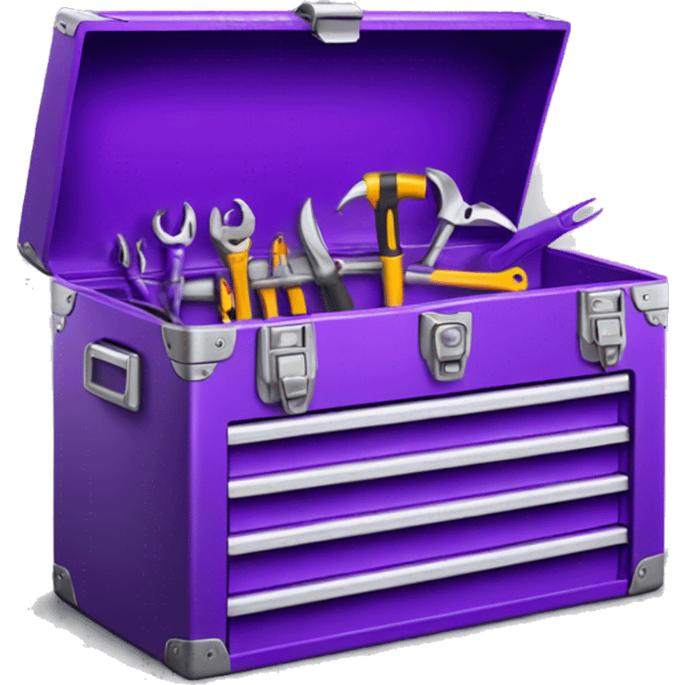 Realistic metallic purple tool box with top open and tools inside of it isolated.  emoji