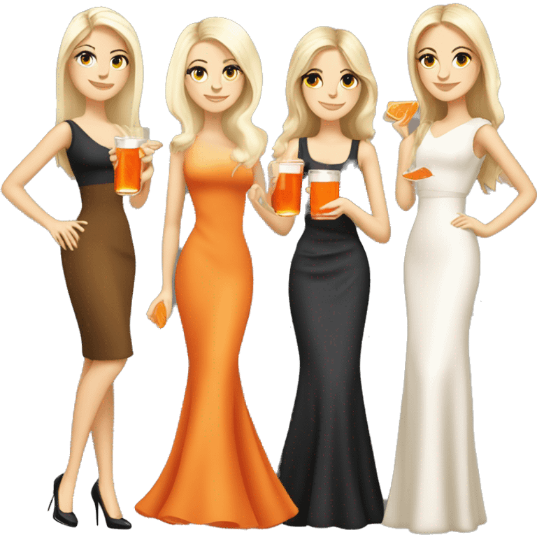 Four beautiful white european girls, one with blond hair and two dark blond hair in dresses drinking aperol emoji