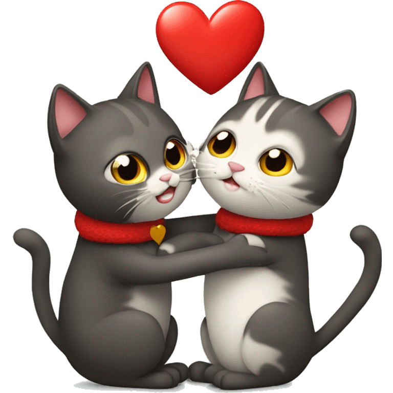 Two cats who are hugging each other and a red heart is on top of them emoji